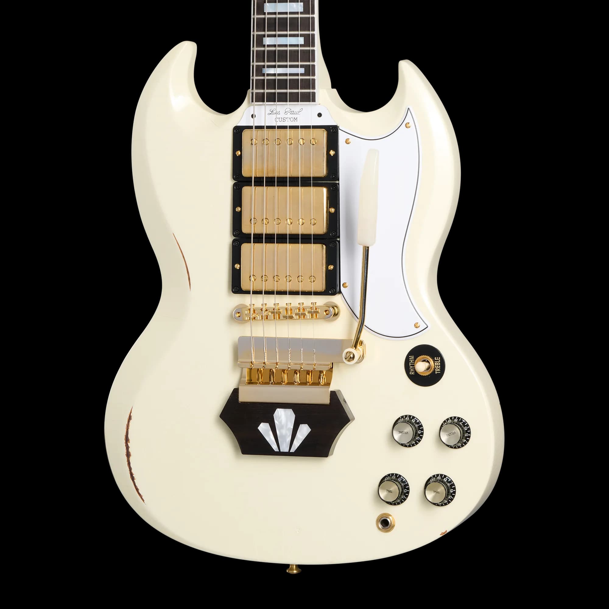 Gibson 1962 Les Paul SG Custom Reissue with Ebony Block, Light Aged, Vintage White, Exclusive